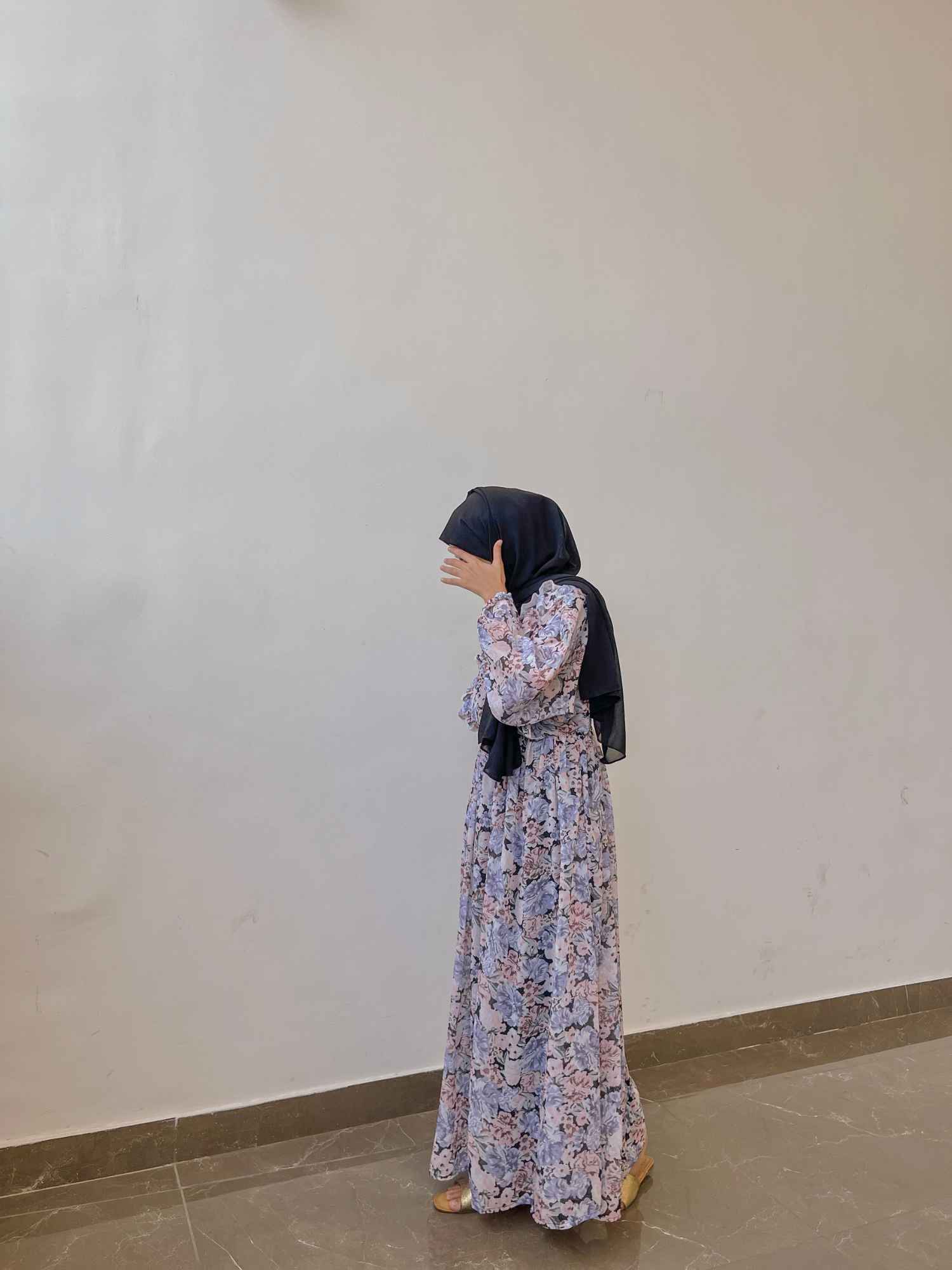 Yezwe modest georgette dress with floral print and long sleeves, ideal for elegant occasions