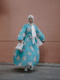 Yezwe Modest Georgette Dress in Turquoise Floral Design, Perfect for Elegant Occasions, Shop modest georgette dresses online