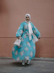 Yezwe Modest Georgette Dress in Turquoise Floral Design, Perfect for Elegant Occasions, Shop modest georgette dresses online