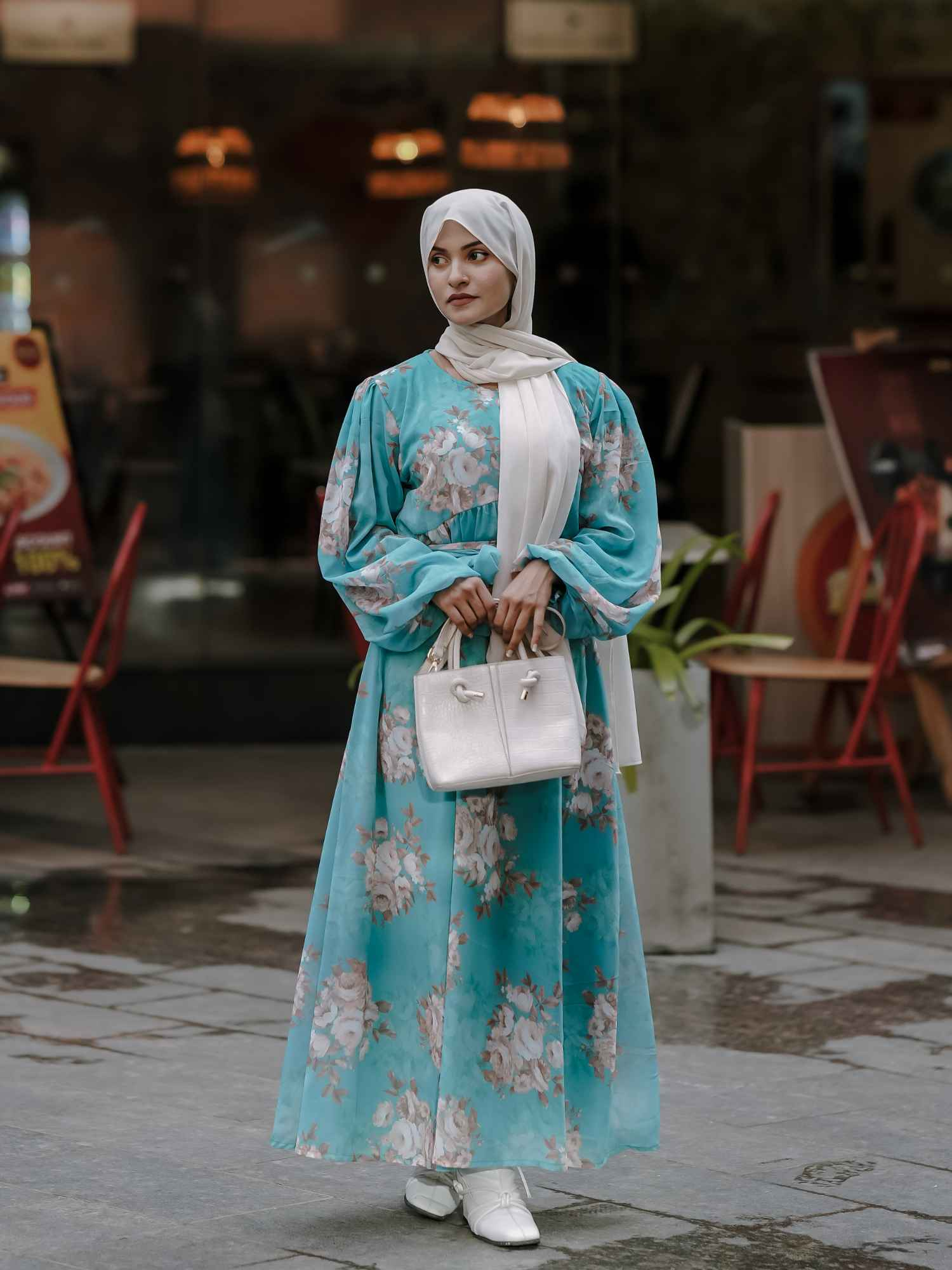 Elegant Yezwe maxi dress in blue georgette with floral design, perfect for modest georgette dresses online