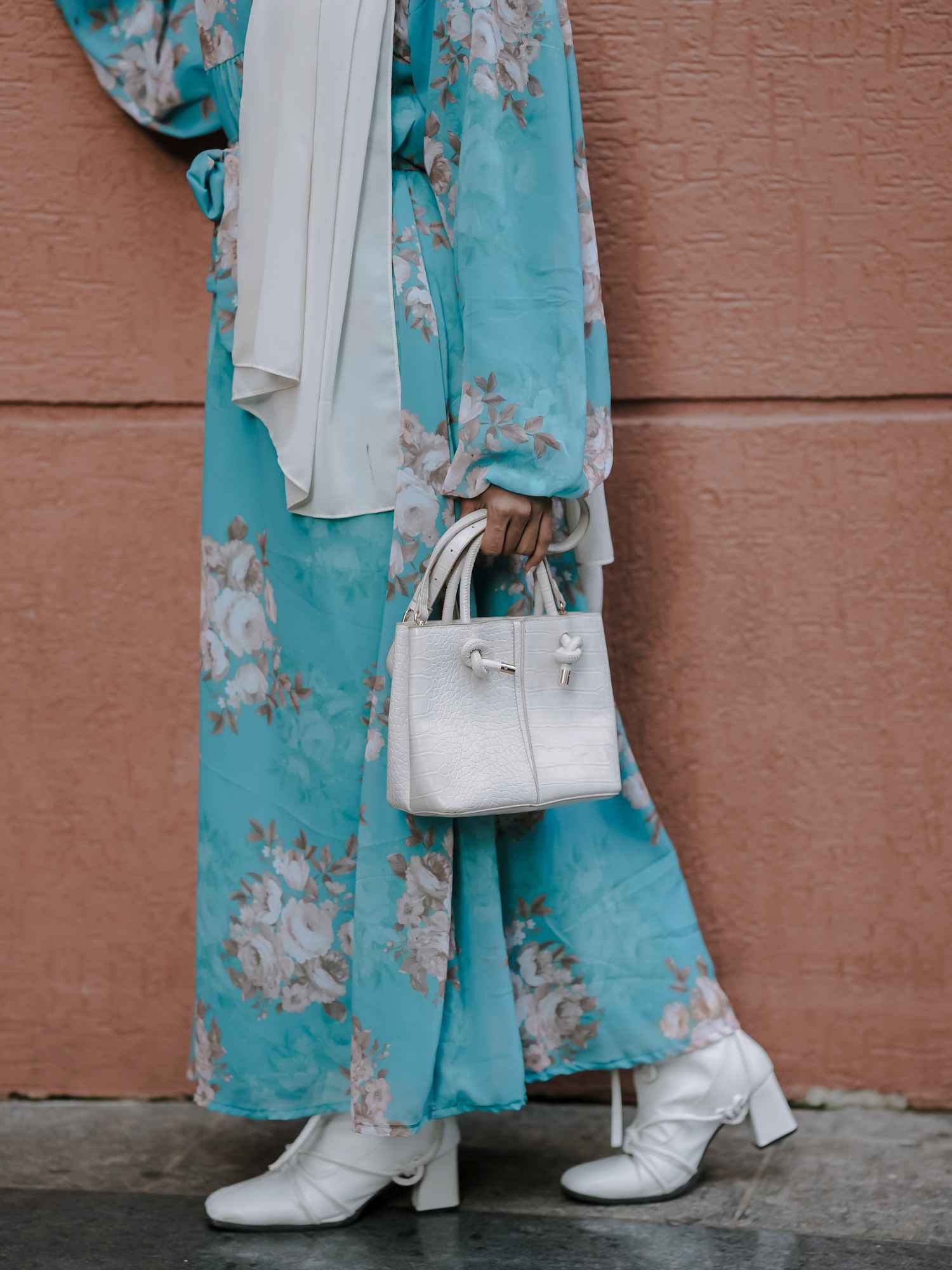 Elegant Yezwe maxi dress in turquoise georgette with floral design, ideal for modest georgette dresses online