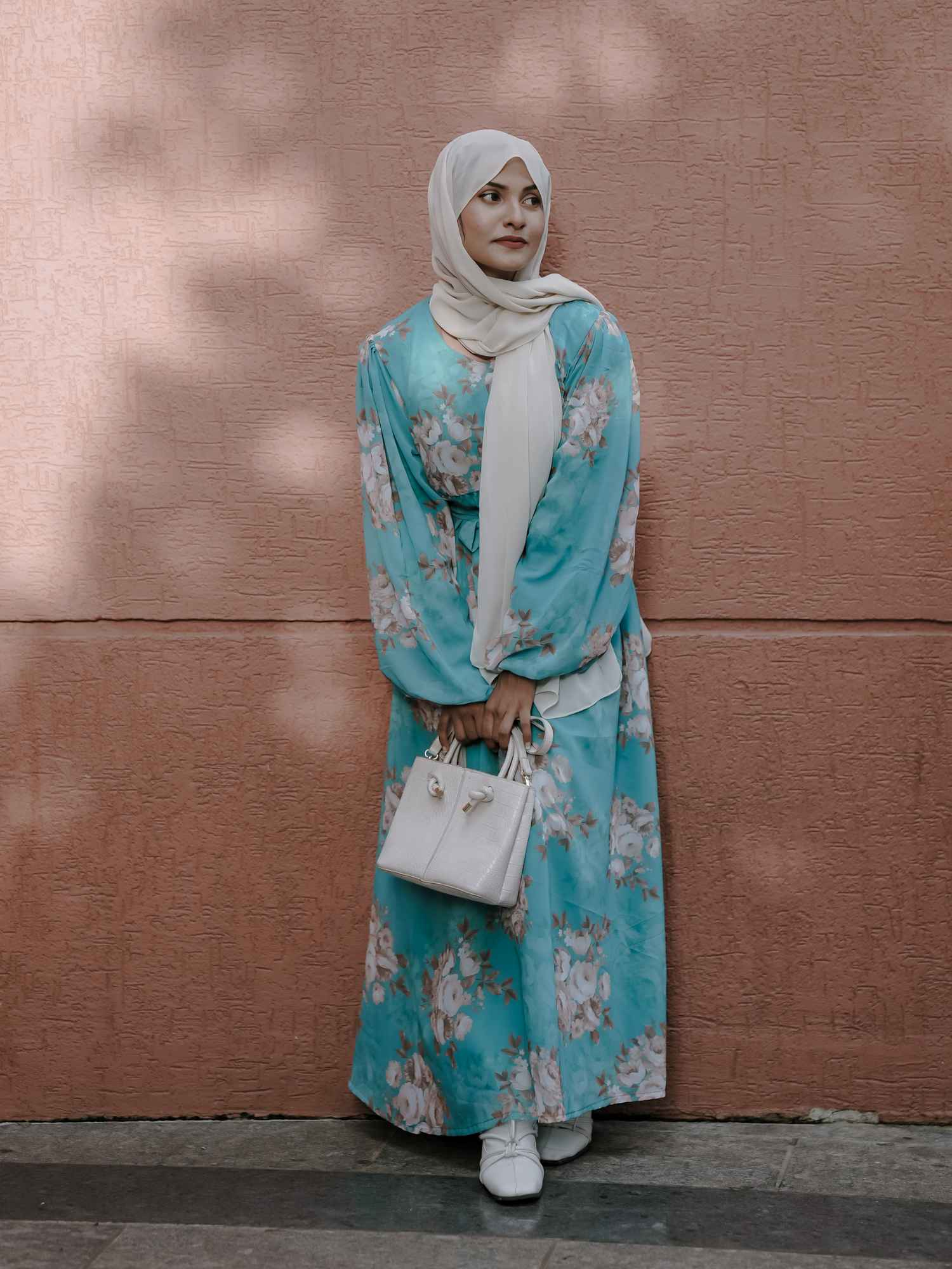 Yezwe modest georgette dresses online featuring floral print and long sleeves, styled with a matching scarf