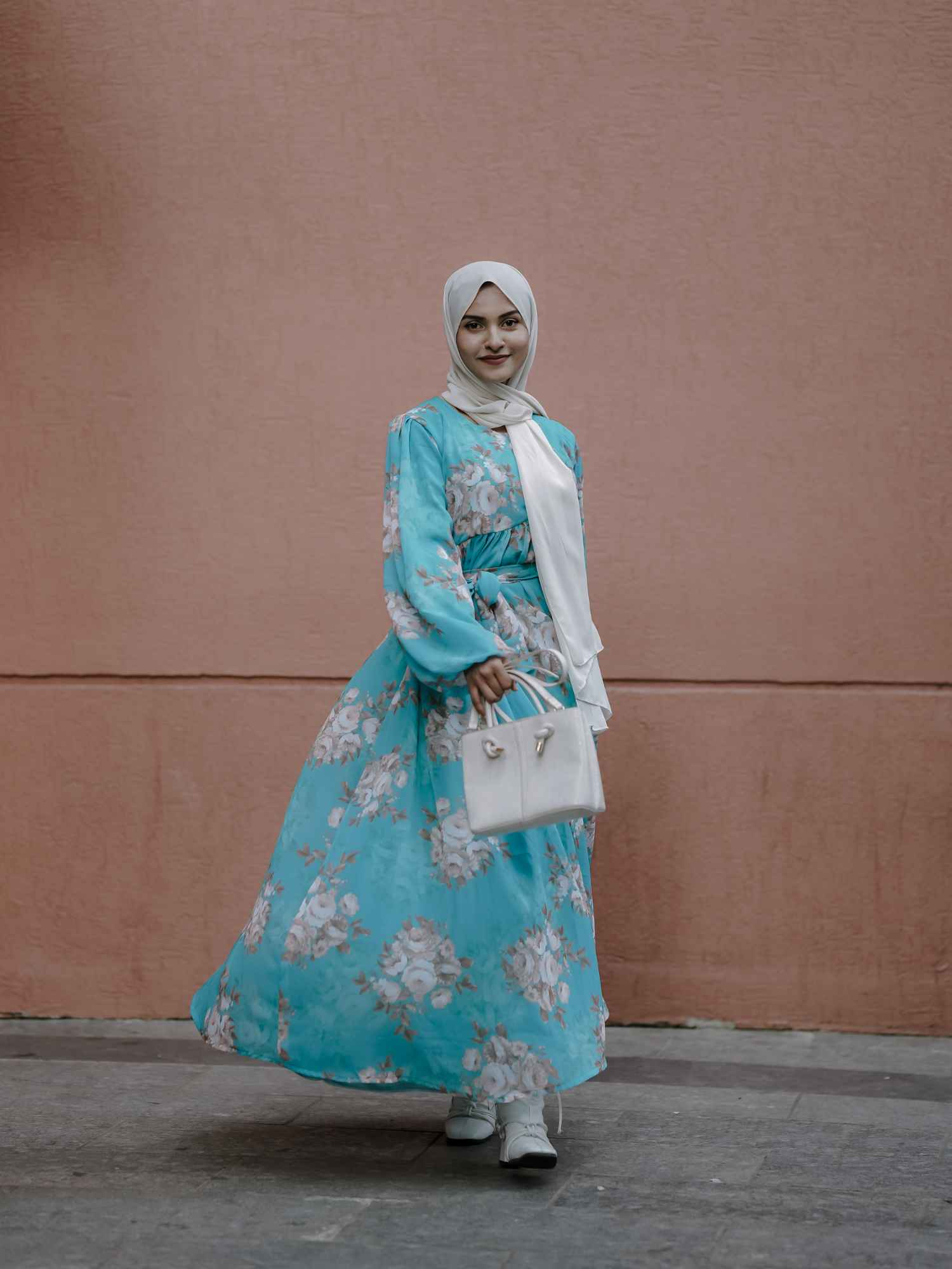 Yezwe Modest Georgette Dresses Online in Turquoise Floral Design with Long Sleeves