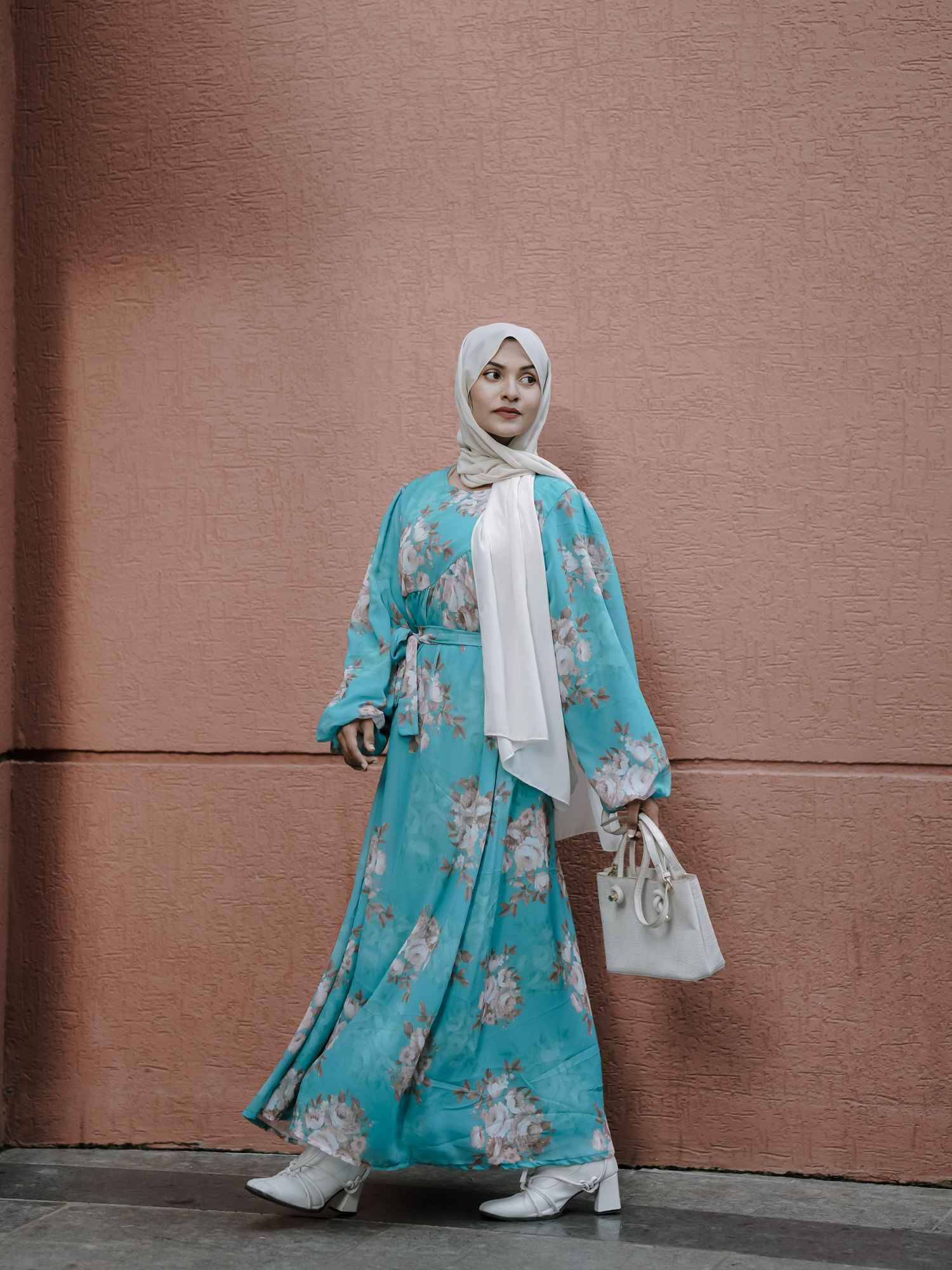 Yezwe Maxi Dress in Aqua with Floral Print, Ideal for Modest Georgette Dresses Online