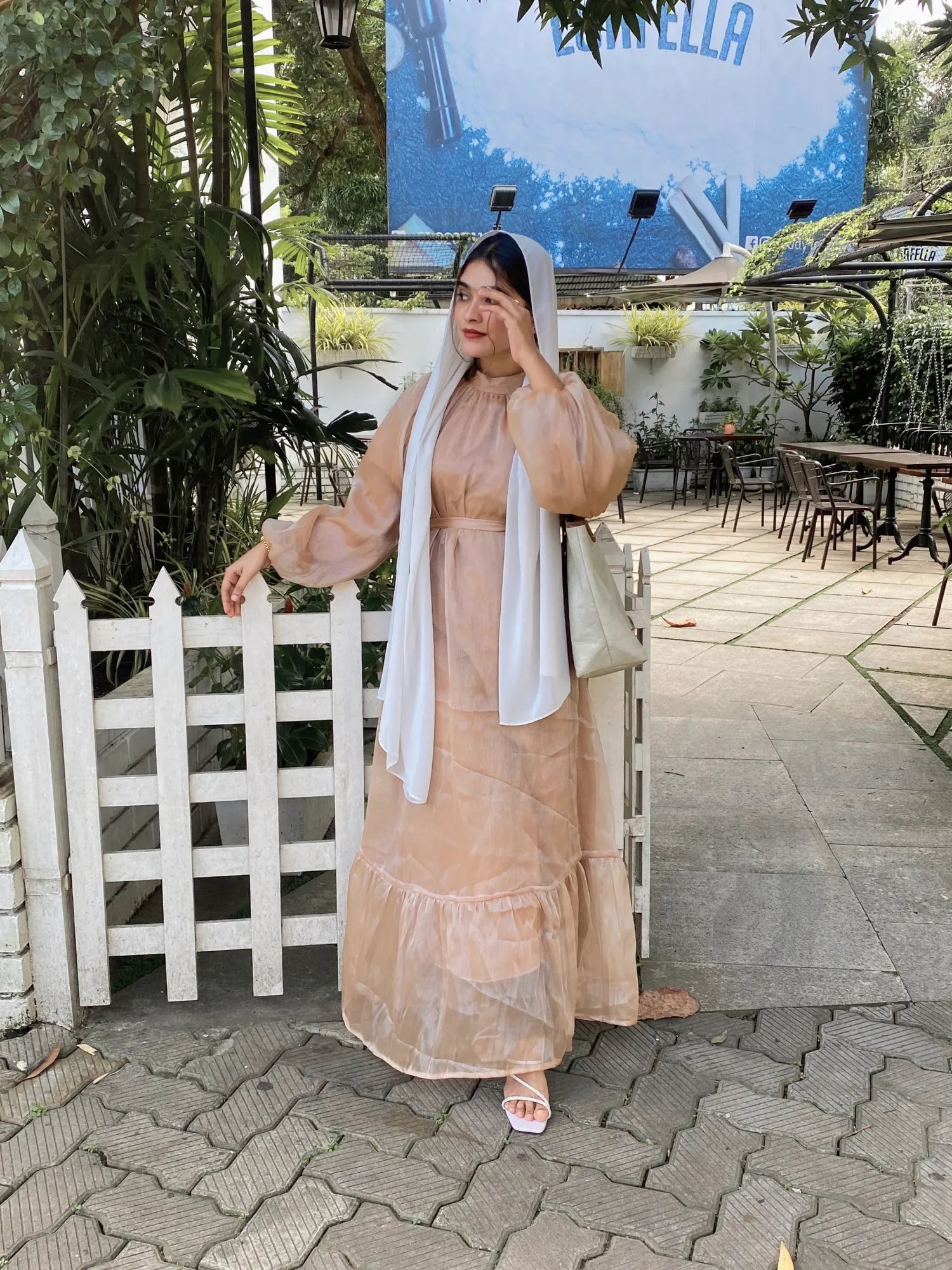 Yezwe modest golden beige maxi dress with long sleeves and tiered design, perfect for summer outings