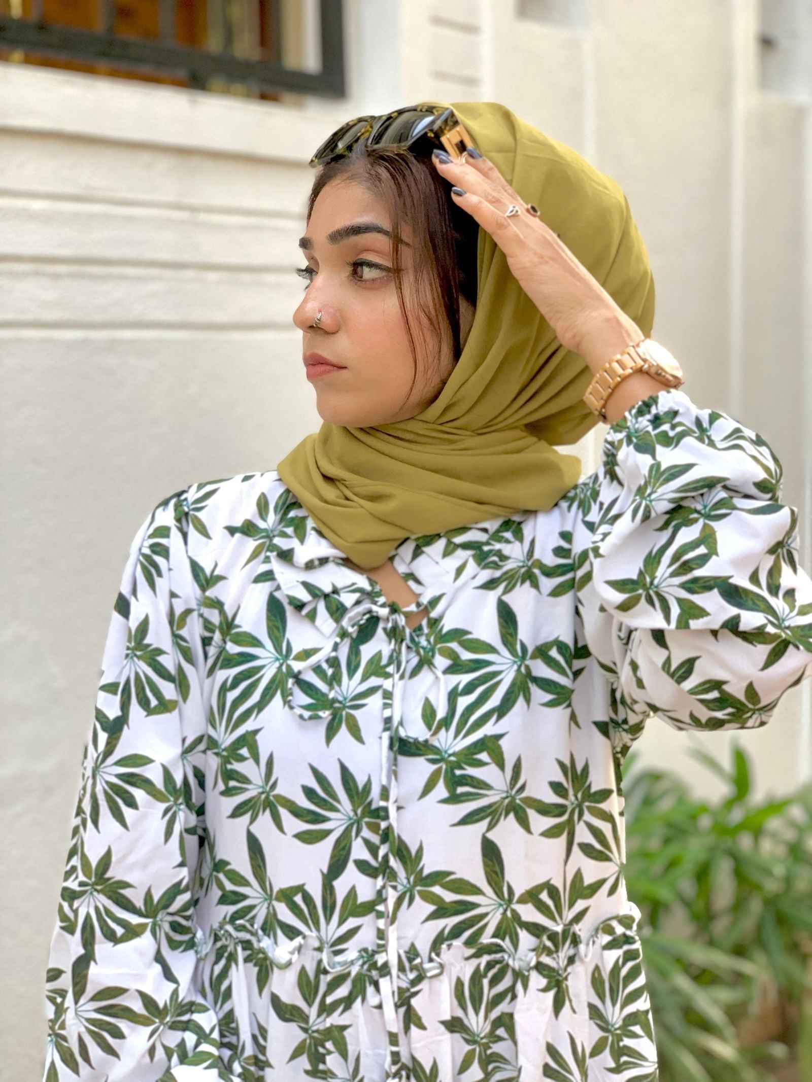 Yezwe modest green leaf maxi dress featuring a floral design and button detail for a chic look