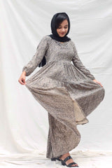 Yezwe modest leopard print maxi dress with long sleeves and flowing skirt for elegant comfort