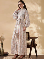 Modest long sleeve maxi dress by YEZWE featuring a floral pattern and cinched waist