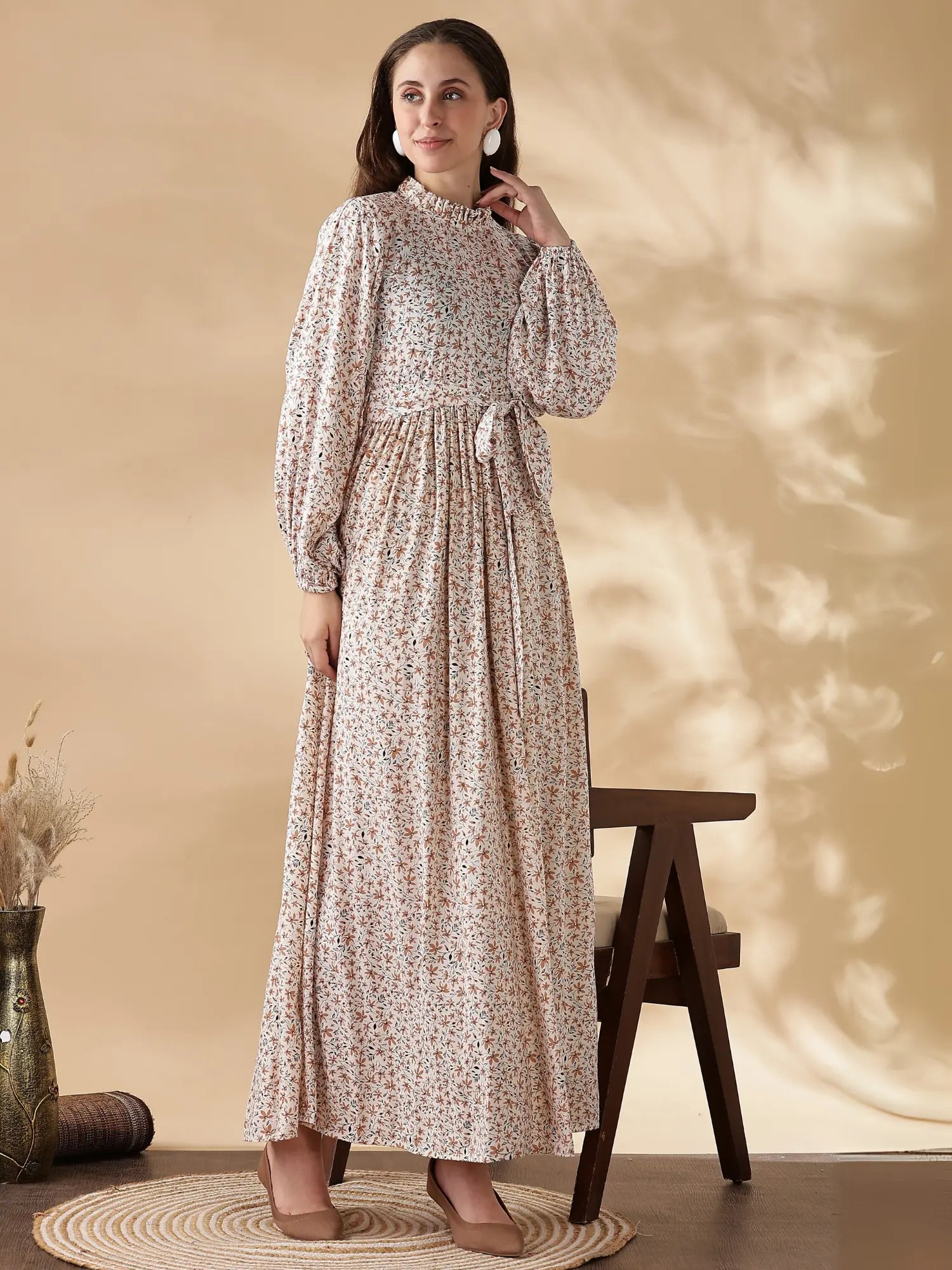 YEZWE modest long sleeve maxi dress with floral print and tied waist detail for elegant style