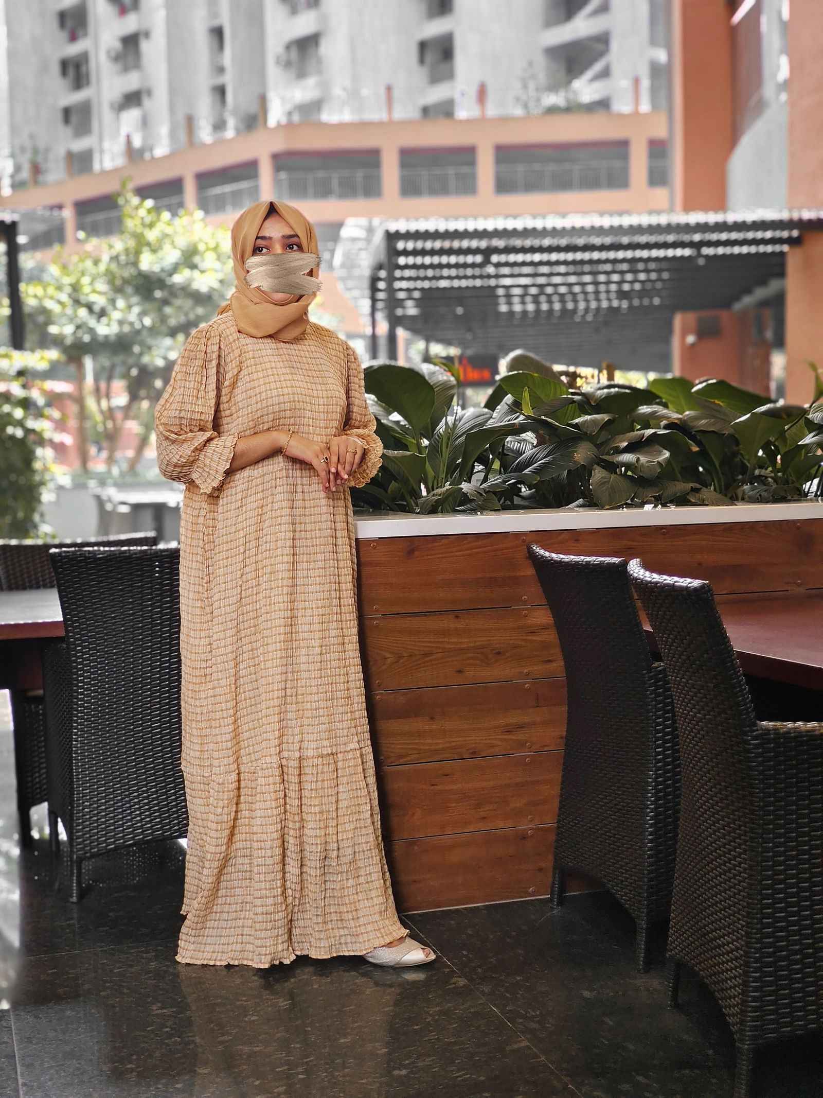 Modest maxi dress beige by Yezwe featuring a flowy design and long sleeves, perfect for elegant occasions