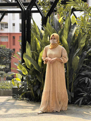 Yezwe modest maxi dress beige with long sleeves and a flowing silhouette, perfect for everyday wear