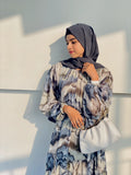 Yezwe Blue Greyish Print Georgette Maxi Dress with Cloth Belt - Modest Wear - YEZWE