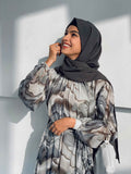 Yezwe modest maxi dress in a stylish gray print with long sleeves and a flowing silhouette