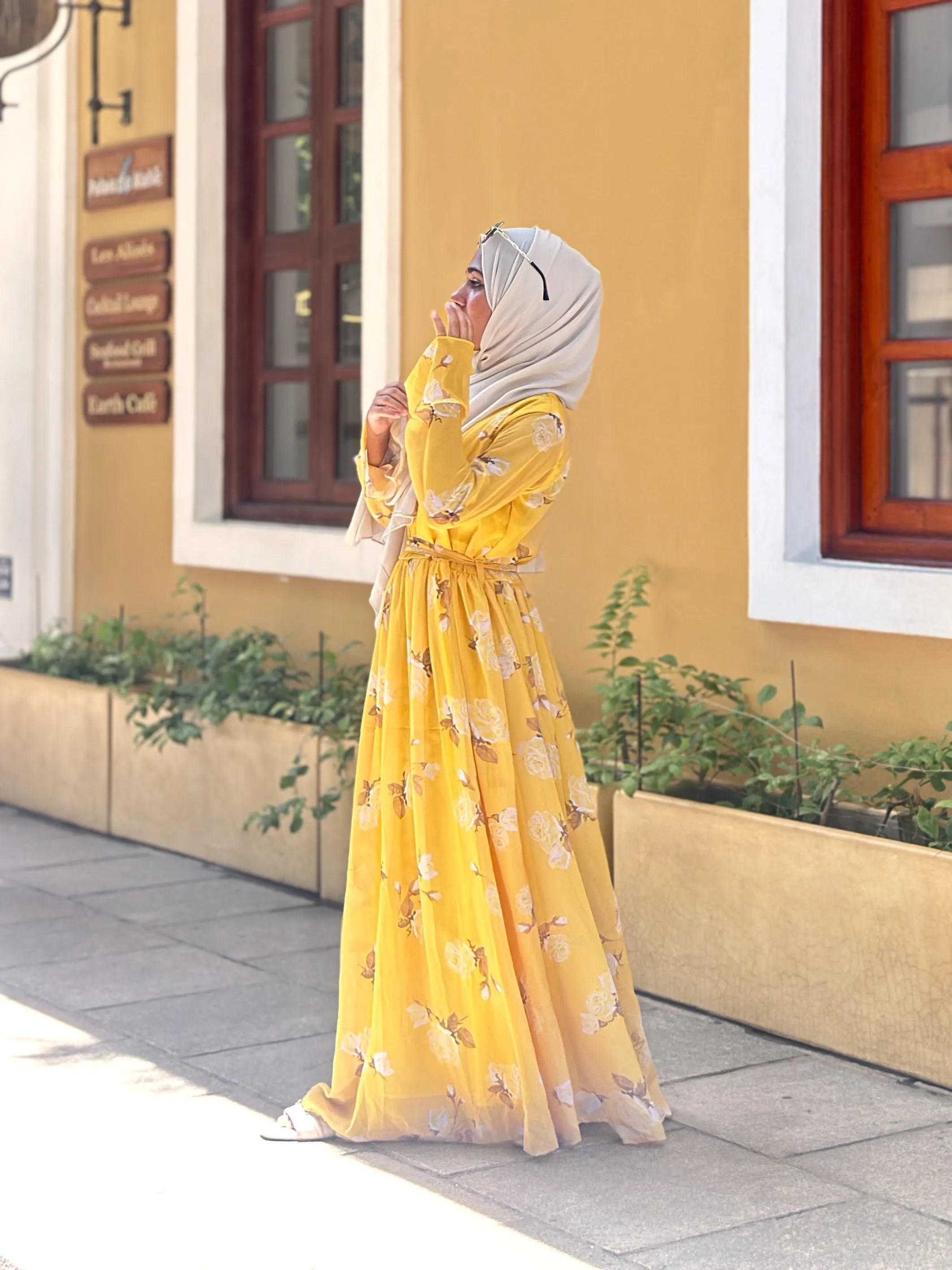 Yezwe modest maxi dress online in yellow with floral design, perfect for stylish outdoor wear