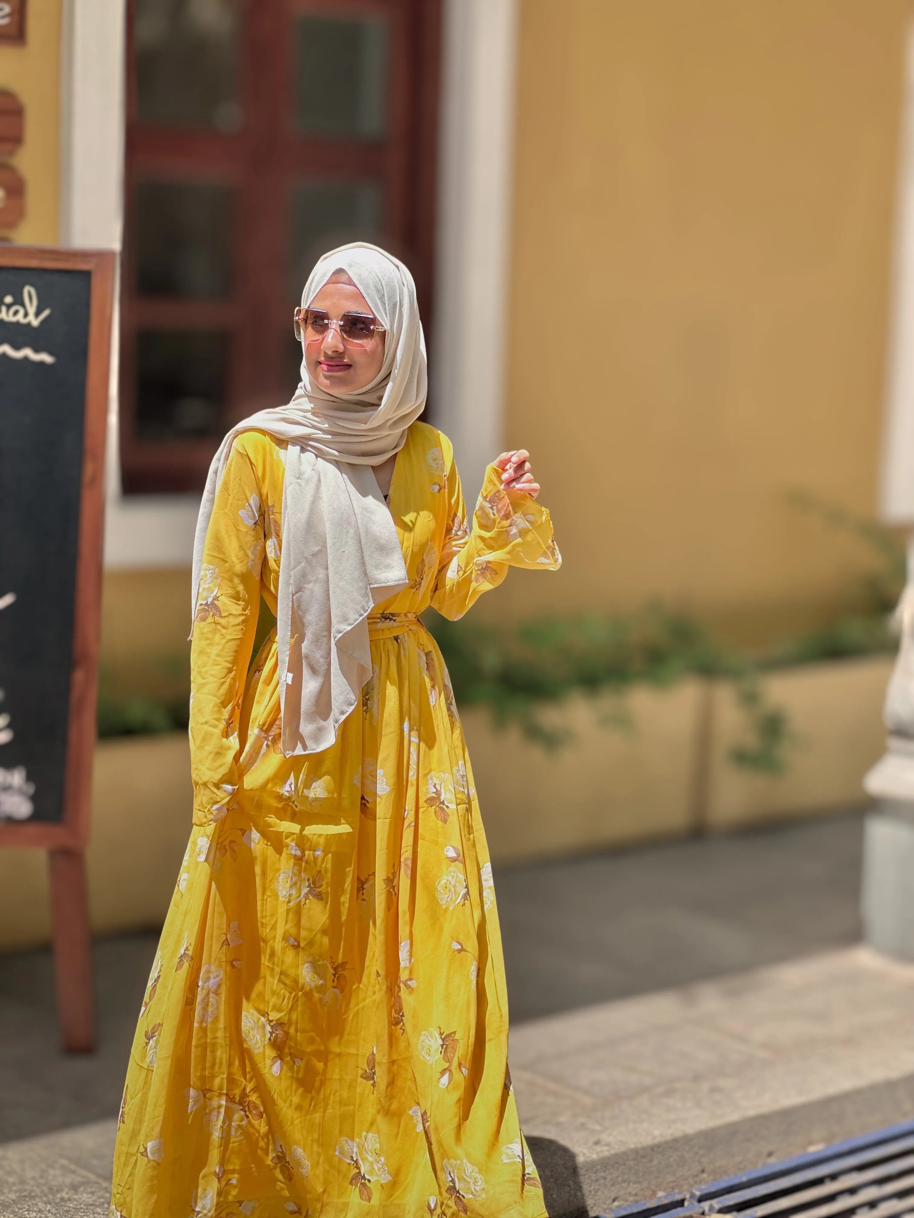 Yezwe Modest Maxi Dress in Yellow Floral Print, perfect for casual outings, available modest maxi dress online