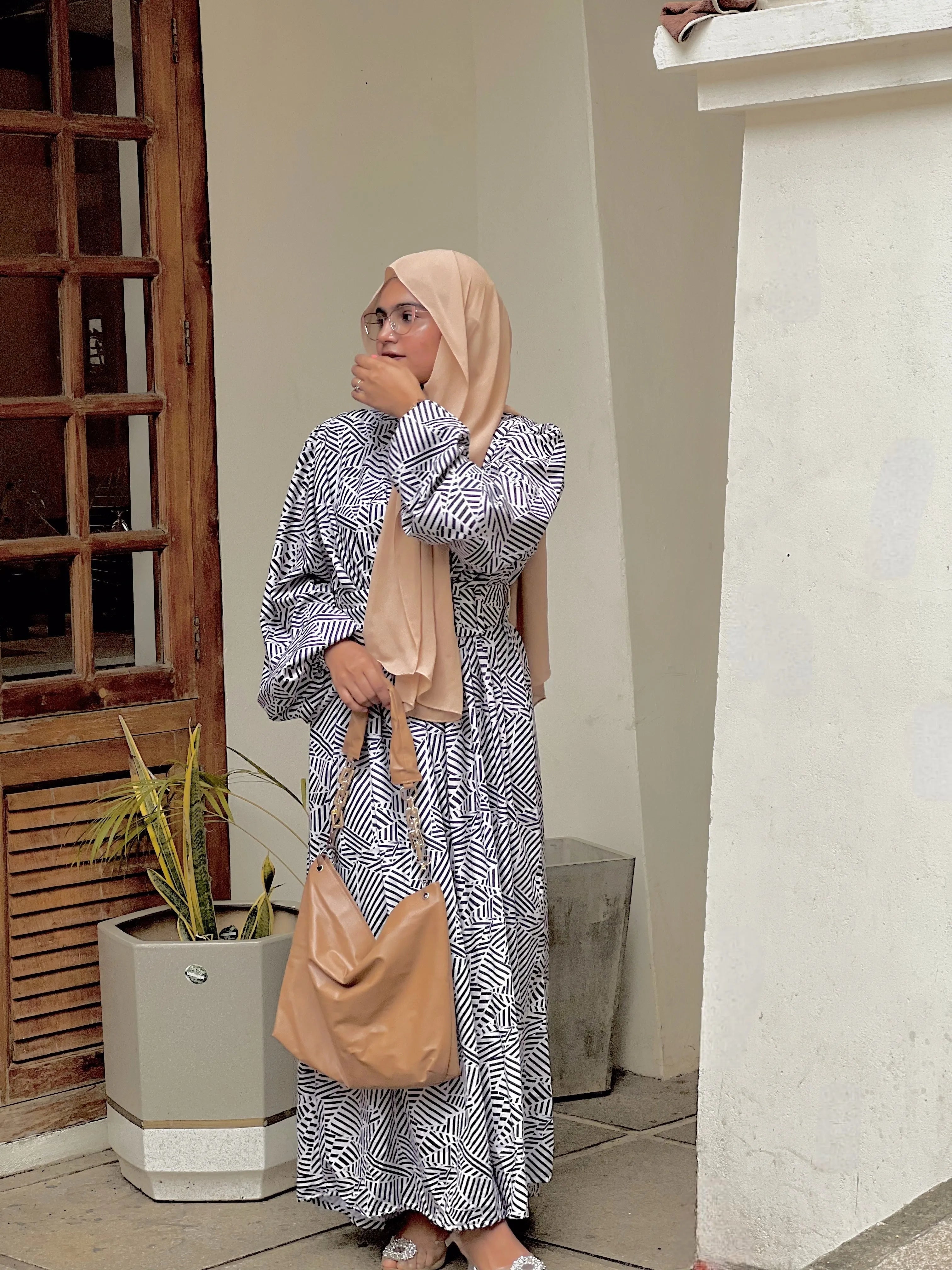 Yezwe Beige geometryPrint Maxi Dress with Belt and Shoulder Pad - Modest Wear - YEZWE