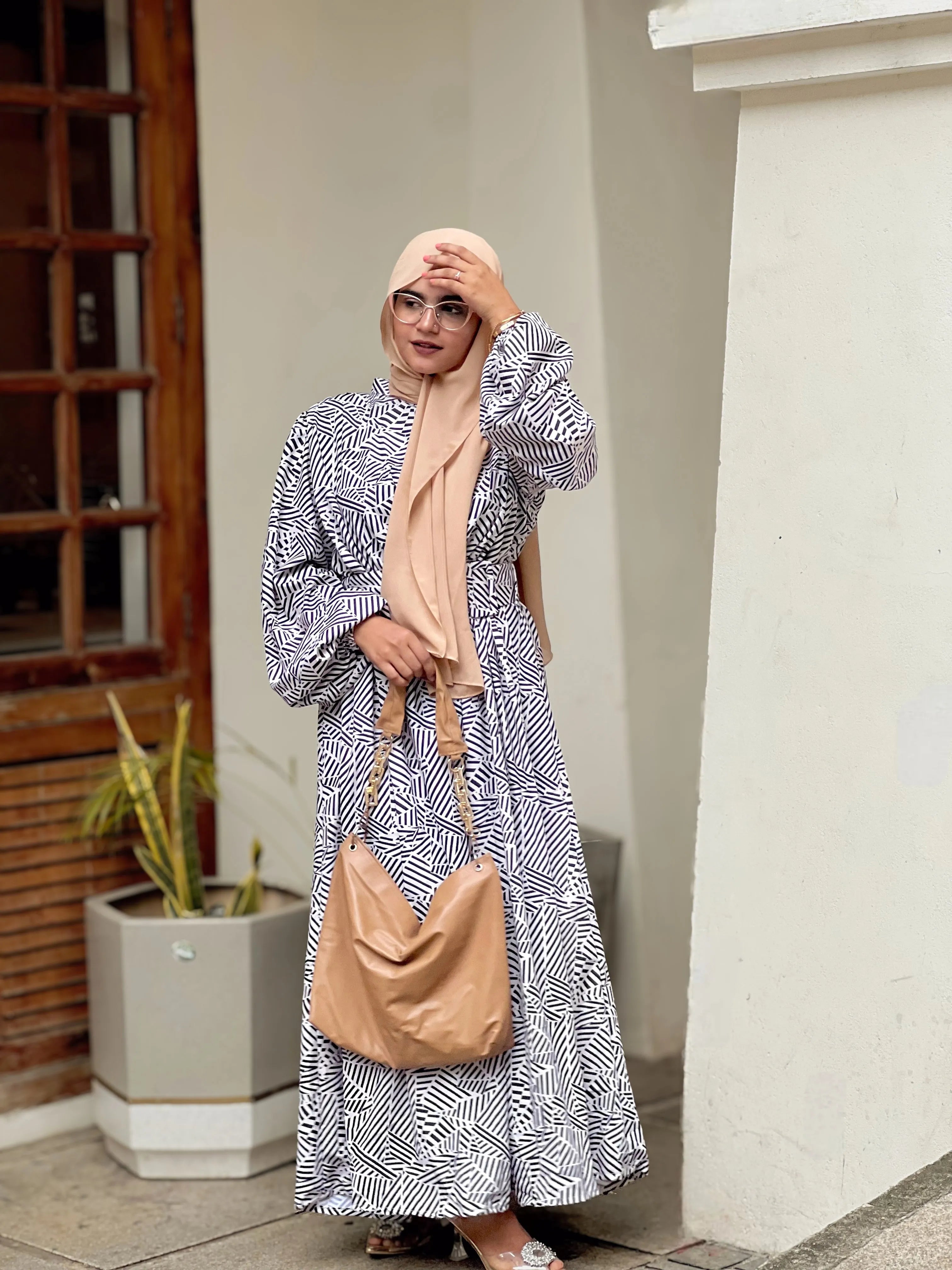 Yezwe Beige geometryPrint Maxi Dress with Belt and Shoulder Pad - Modest Wear - YEZWE