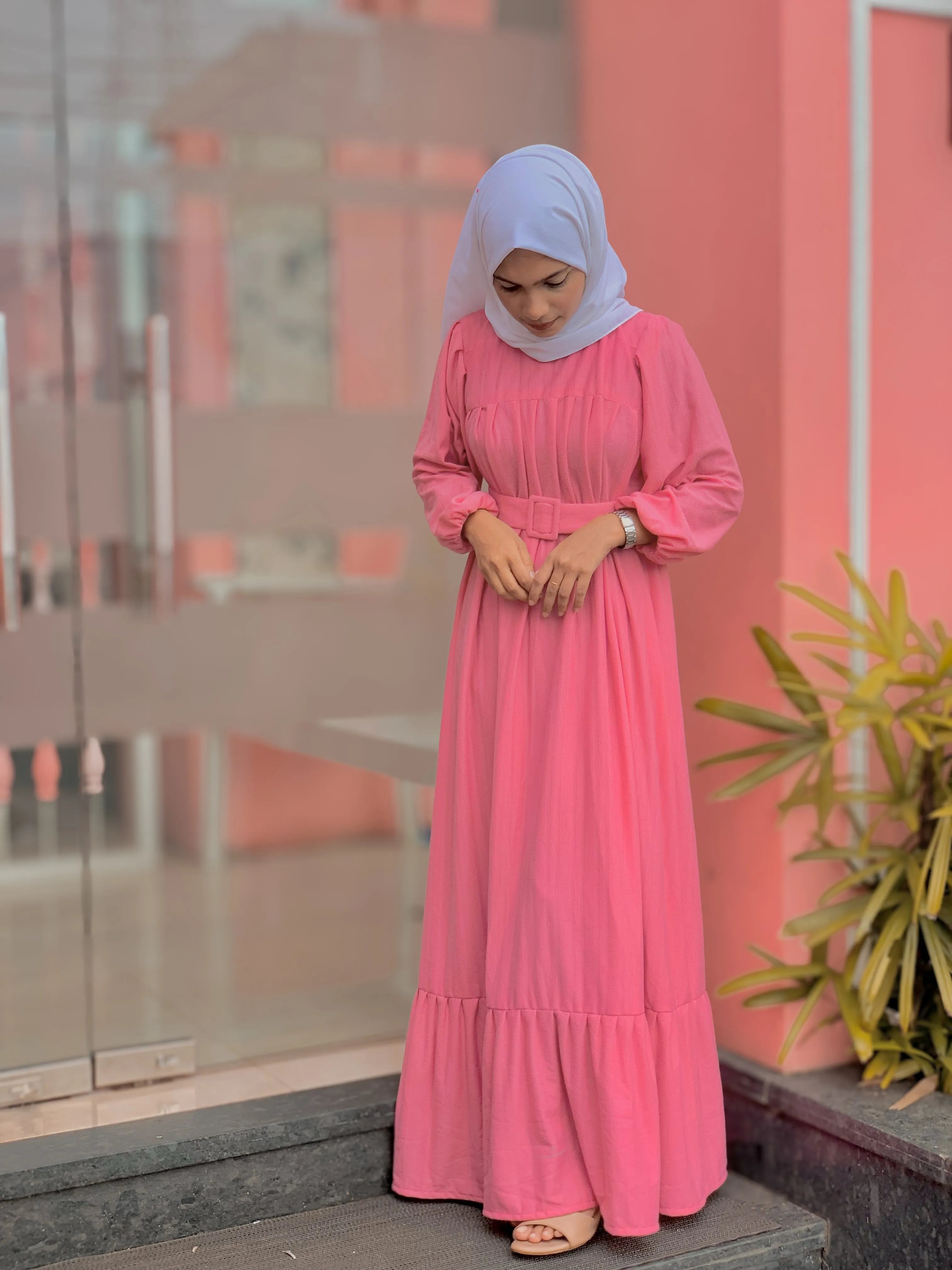 Yezwe Rose Textured Rib Maxi Dress with Cloth Belt - Modest Wear - YEZWE
