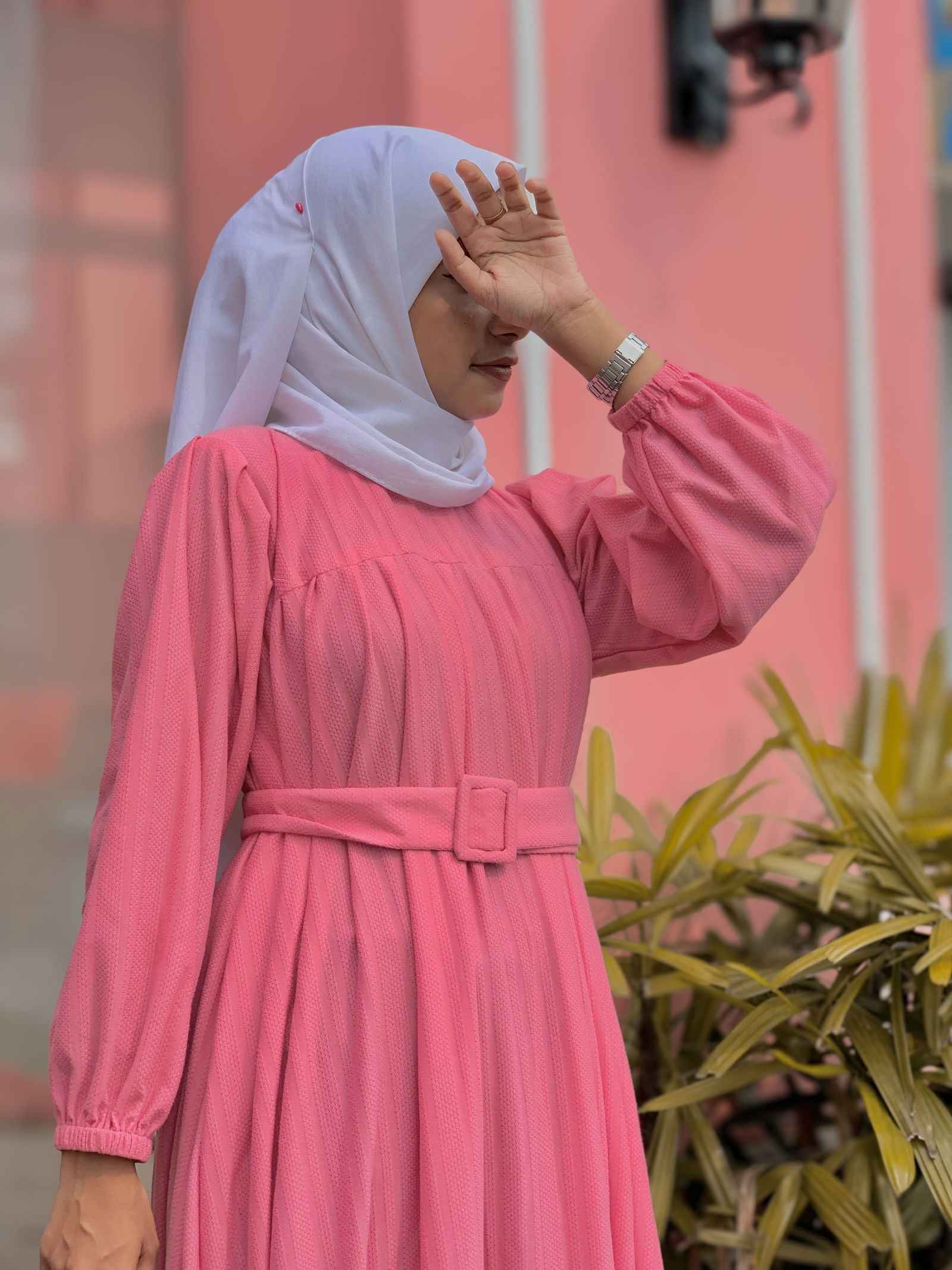 Yezwe modest maxi dress with belt in pink, featuring long sleeves and a flattering fit