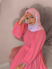 Yezwe modest maxi dress with belt in pink featuring long sleeves and a flattering silhouette