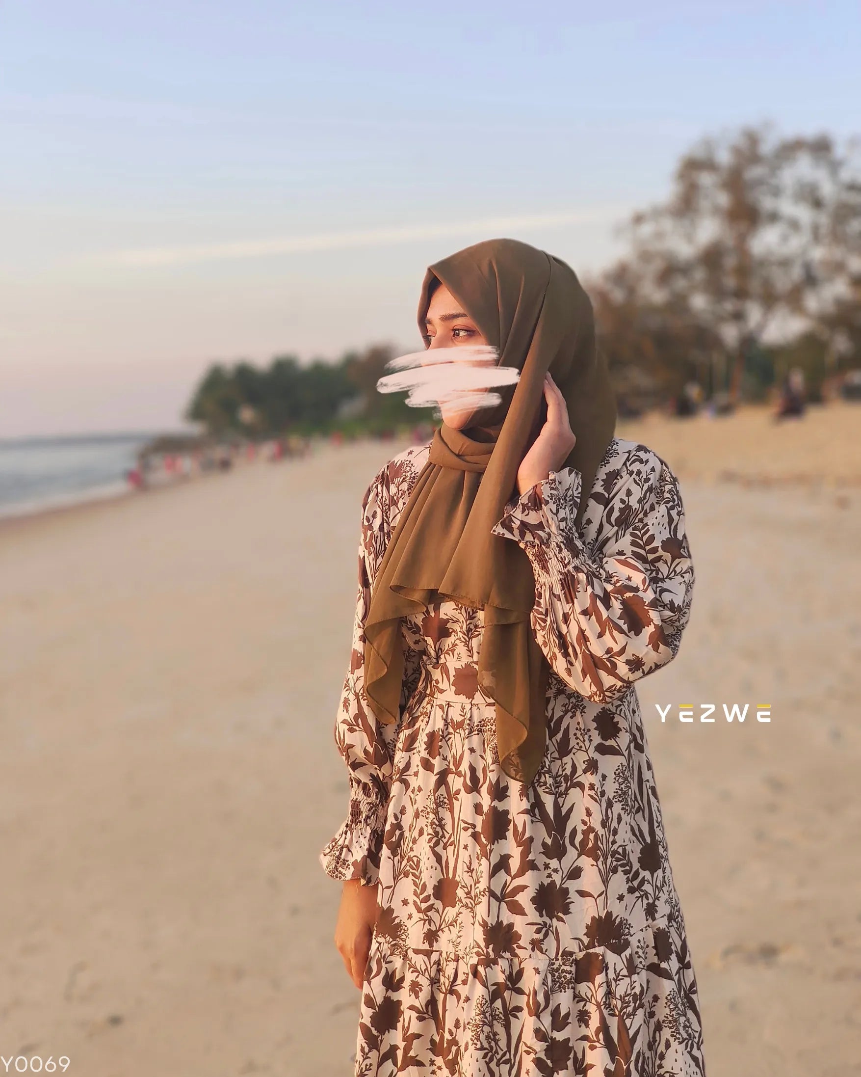 Yezwe Mehendi Green Leaves Print Maxi Dress with Cloth Belt - Modest Wear - YEZWE