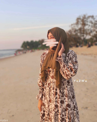 Yezwe modest mehendi green maxi dress with floral patterns, perfect for casual outings and beachwear