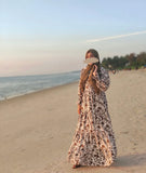 Yezwe Mehendi Green Leaves Print Maxi Dress with Cloth Belt - Modest Wear - YEZWE