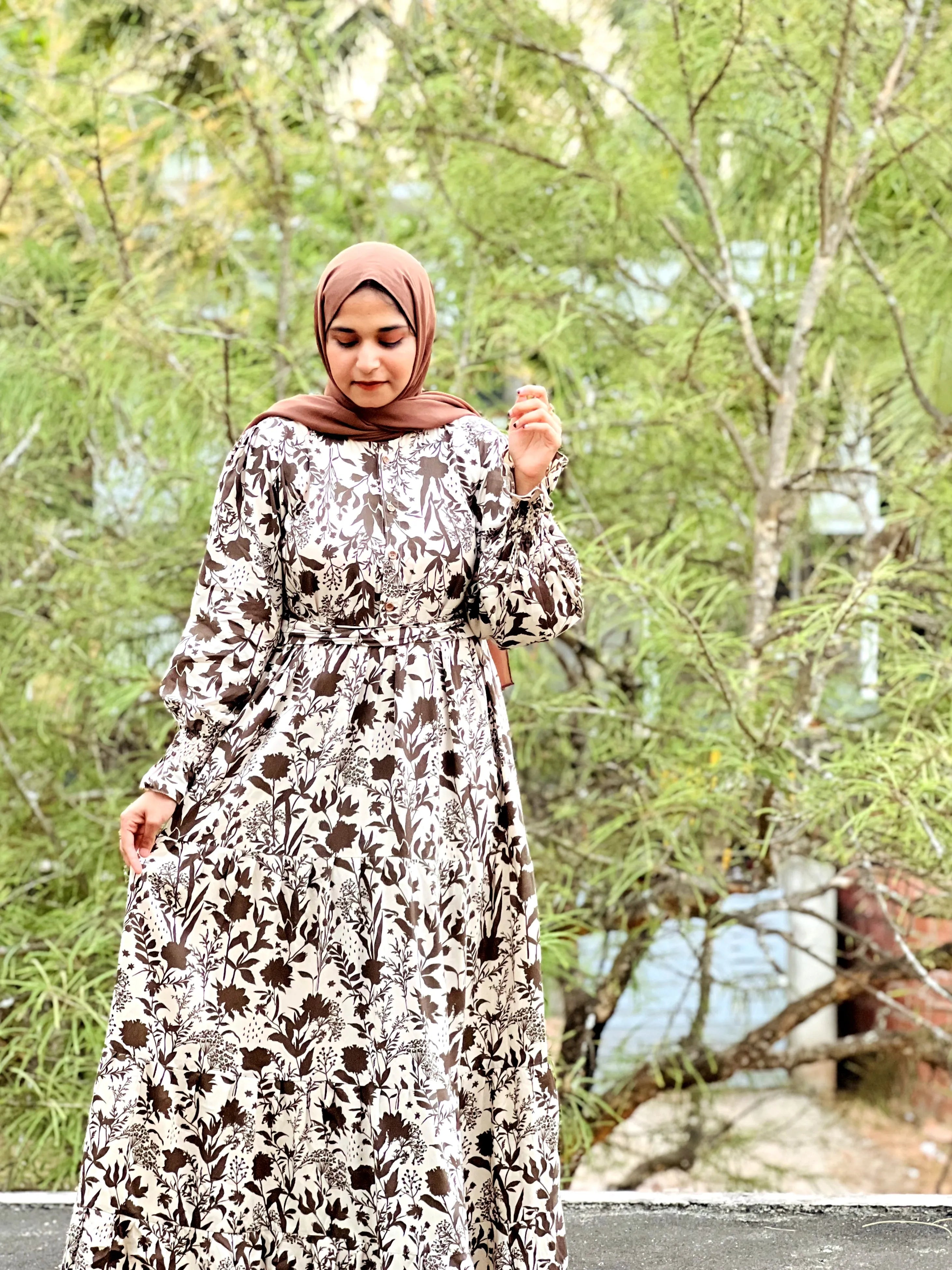 Yezwe Mehendi Green Leaves Print Maxi Dress with Cloth Belt - Modest Wear - YEZWE