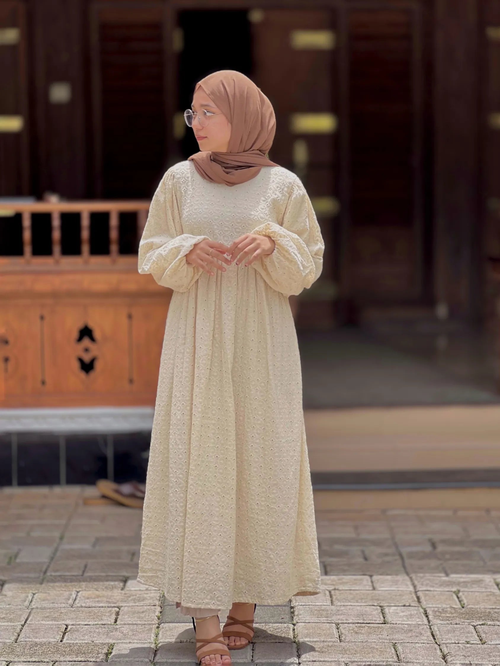 Modest Off-White Maxi Dress with V-Neck for Elegant Style | YEZWE Modest Off-White Maxi Dress with V-Neck for Elegant Style | YEZWE