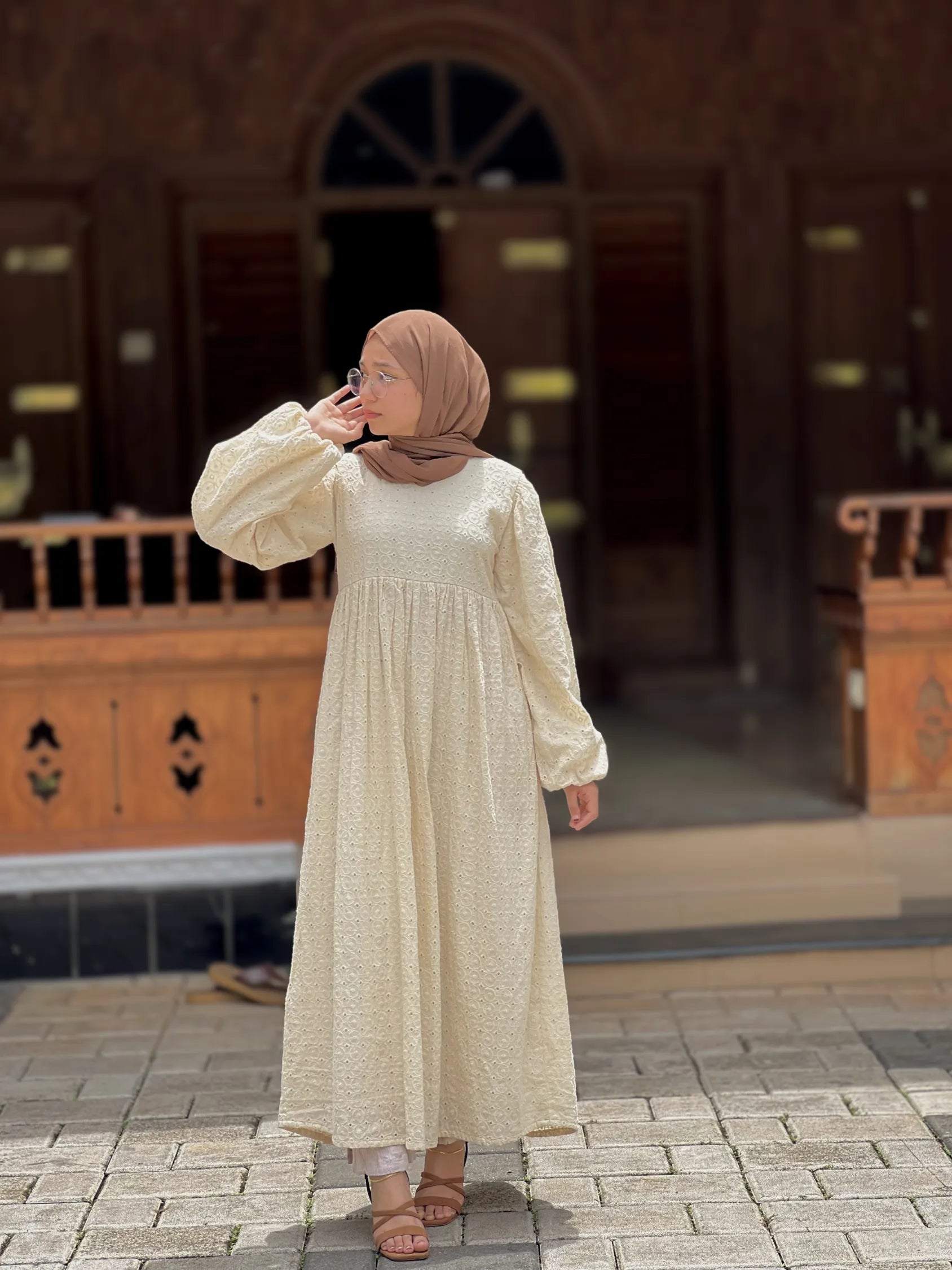 Yezwe modest off-white maxi dress with long sleeves and textured fabric, perfect for casual outings