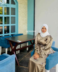 Modest olive satin co-ord set by YEZWE, featuring elegant design and comfortable fit for stylish occasions