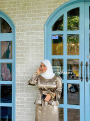 Modest olive satin co-ord set from YEZWE with elegant peplum top and matching skirt