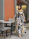 Yezwe Modest Open Front Dress in a Stylish Abstract Print, Perfect for Casual Outings