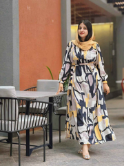 Yezwe Modest Open Front Dress in a Stylish Abstract Print, Perfect for Casual Outings
