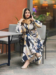 Yezwe Modest Open Front Dress in Abstract Print with Long Sleeves, Perfect for Stylish Occasions