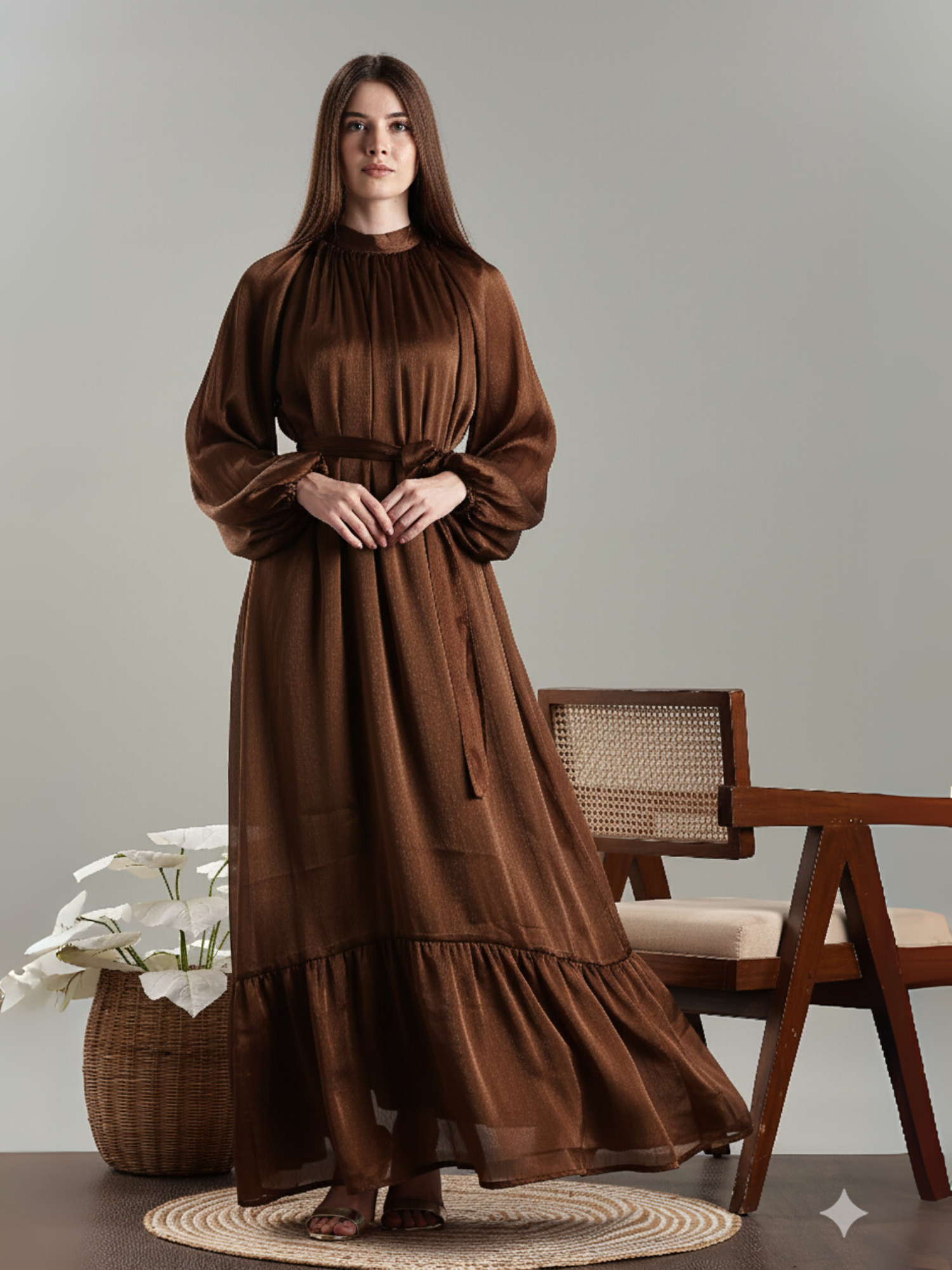 Yezwe maxi dress in brown, a stylish modest party wear dress for women with long sleeves