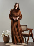 Yezwe Maxi Dress in Brown, a stylish modest party wear dress for women with long sleeves and a tie waist
