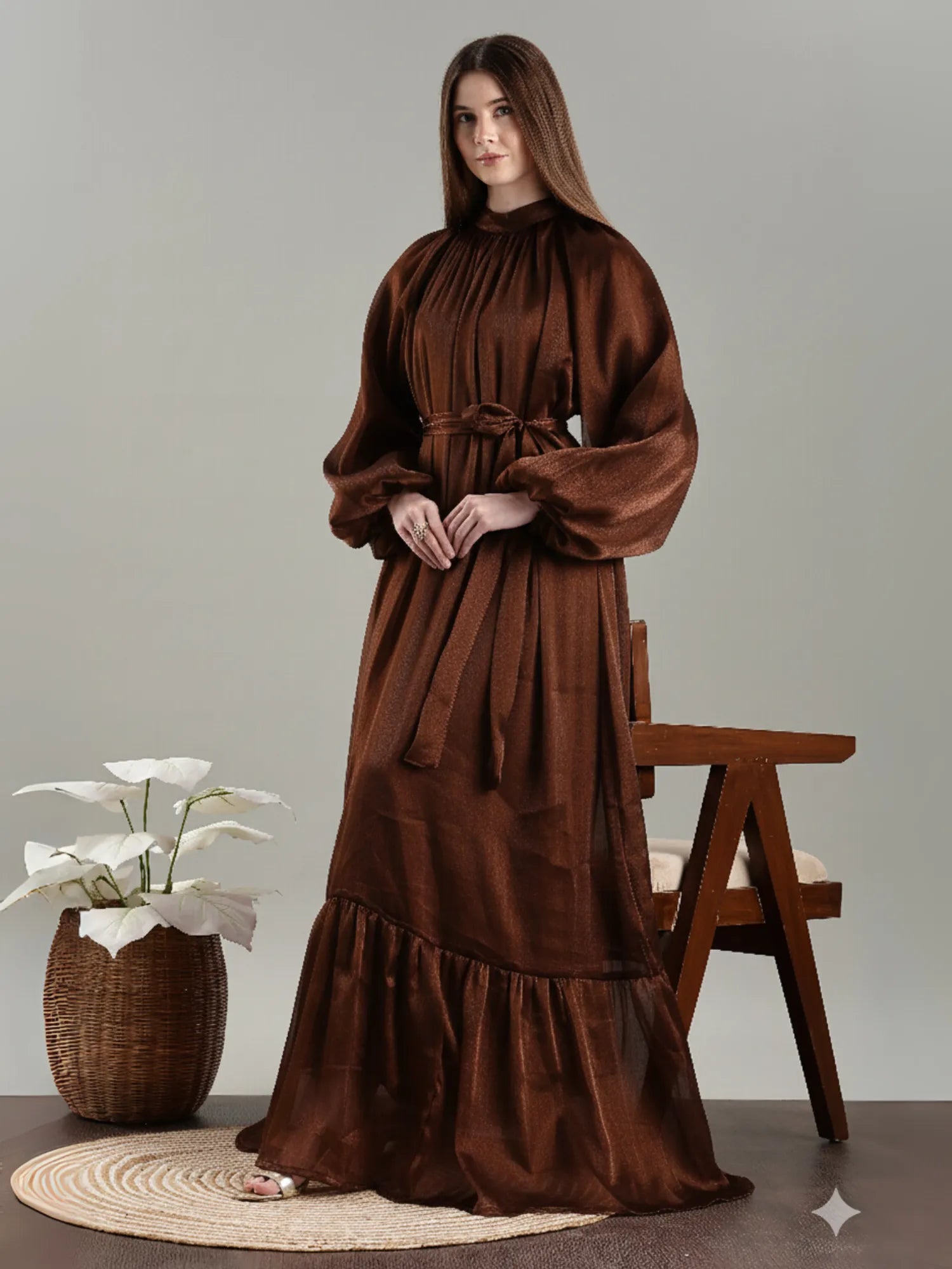 Yezwe Maxi Dress in Rich Brown Color, Perfect as a modest party wear dress for women with Elegant Long Sleeves