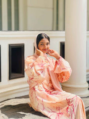 Yezwe modest peach maxi dress featuring elegant floral patterns, perfect for stylish occasions
