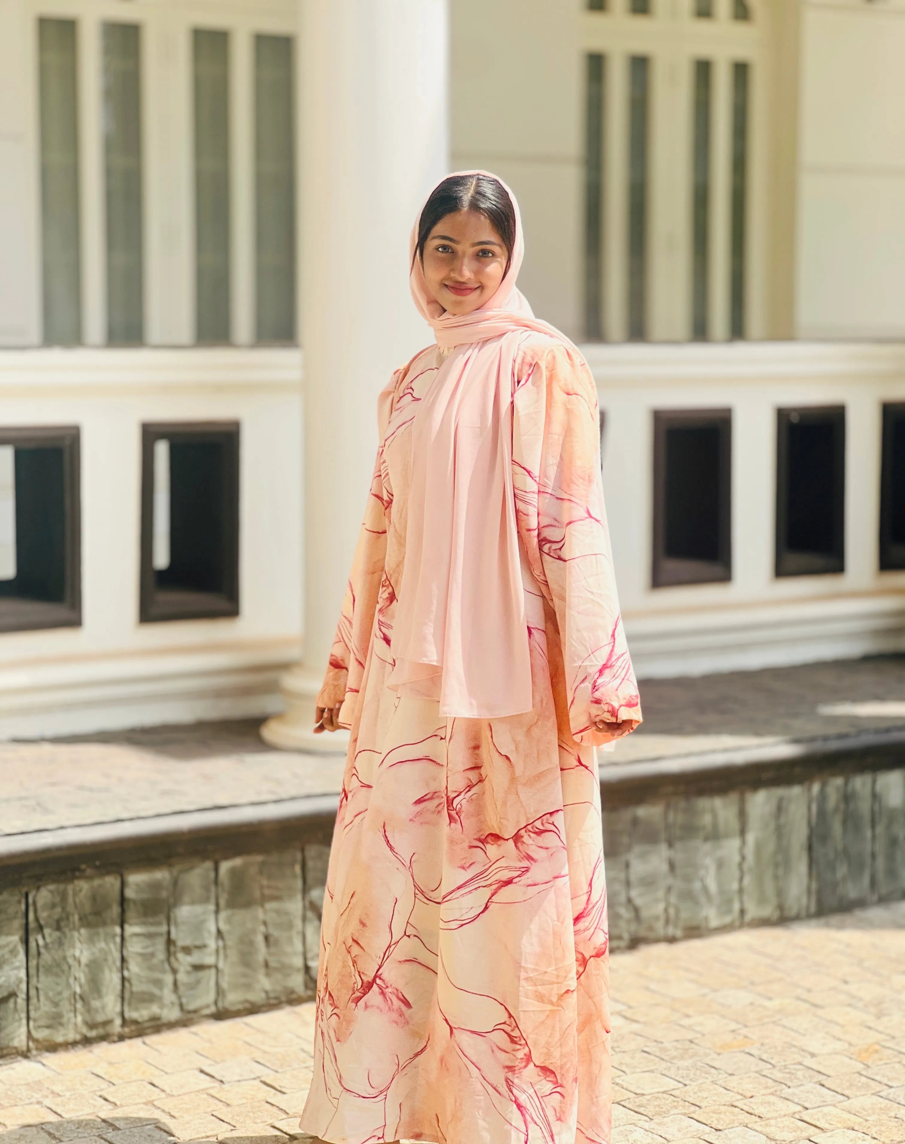 Yezwe Peach Marble Big Print Maxi Dress with Attached Belt - Modest Wear - YEZWE