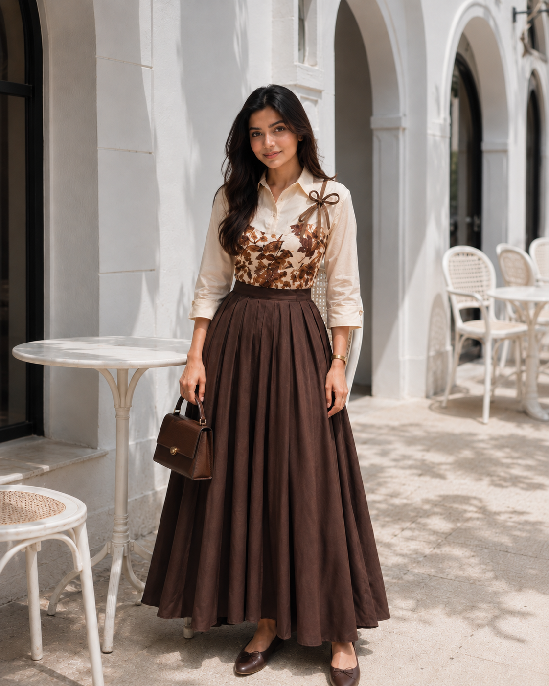 YEZWE modest skirt and top set featuring a stylish blouse with floral details and a flowing brown skirt