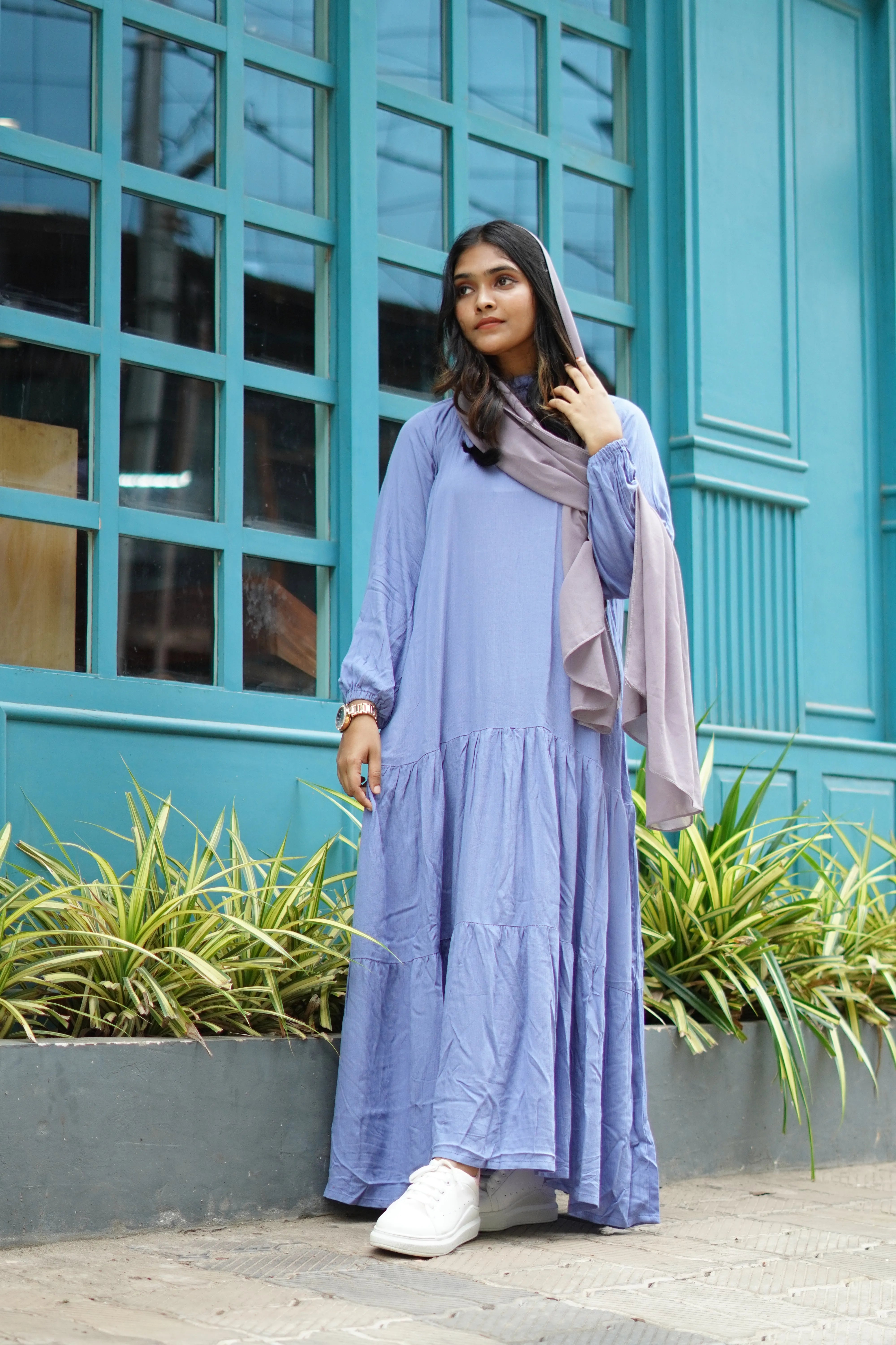 Yezwe modest sky blue maxi dress with tiered design, perfect for casual outings and summer events