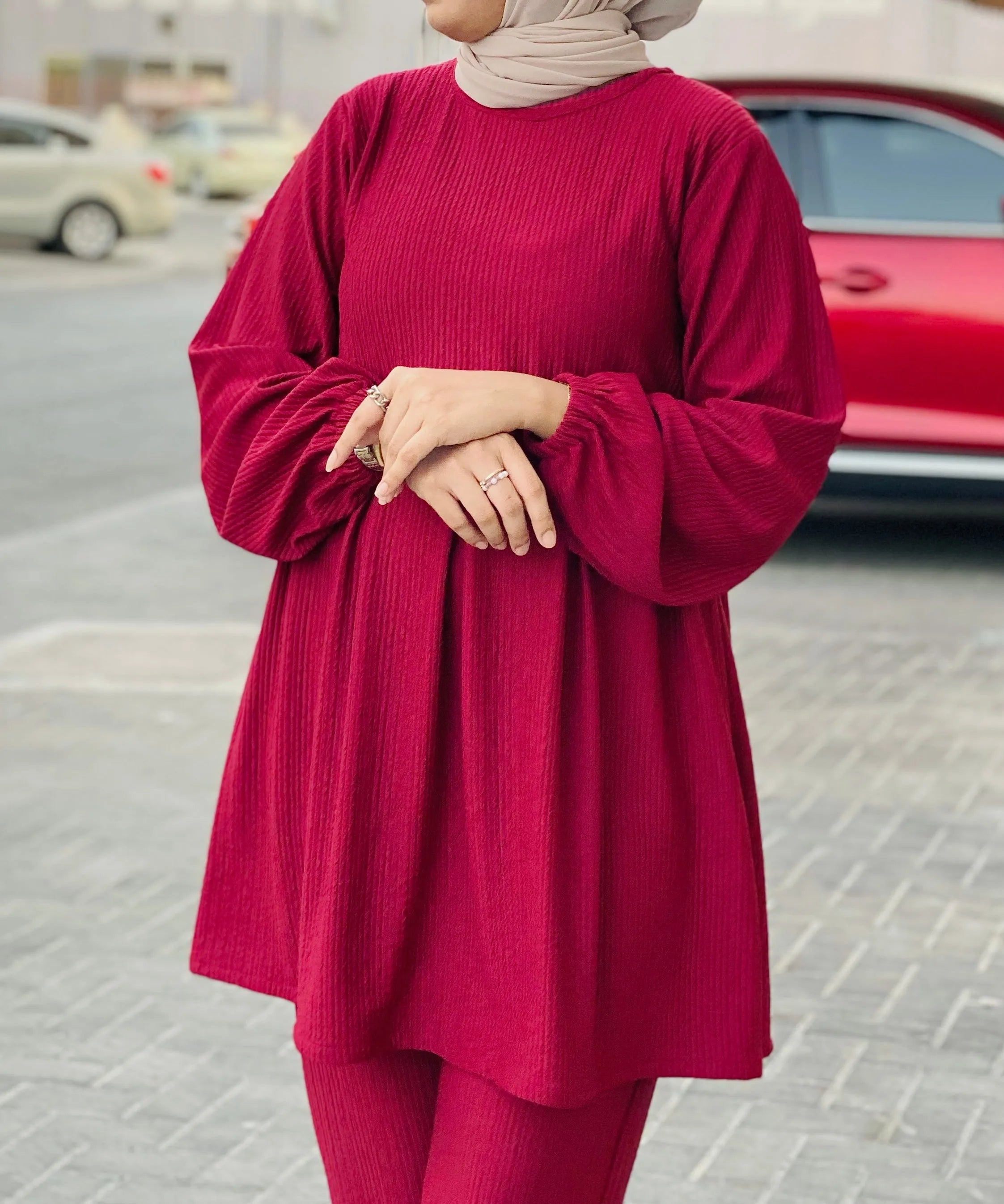 Yezwe Modest Textured Rib Co-ord Set in Burgundy with Long Sleeves and Comfortable Fit