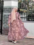 Yezwe brown beige modest wear dress with floral patterns and flowing layers for elegant occasions