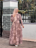 Yezwe Brown Beige Modest Wear Dress with Floral Pattern and Long Sleeves
