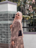 Yezwe brown beige modest wear dress featuring floral patterns and a flowing design for elegant style