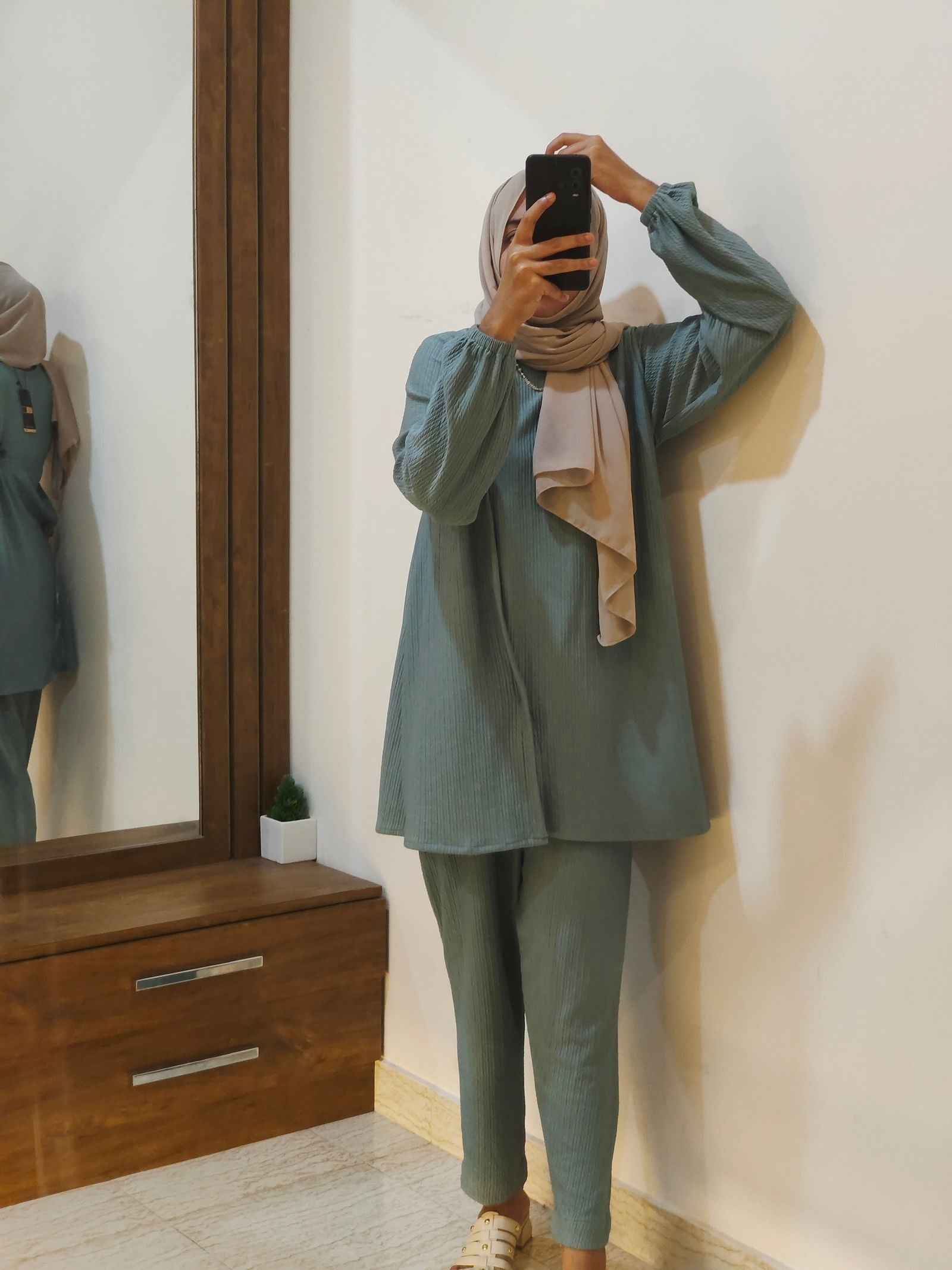 Yezwe modest wear co-ord set featuring a long top and matching pants in a soft blue hue