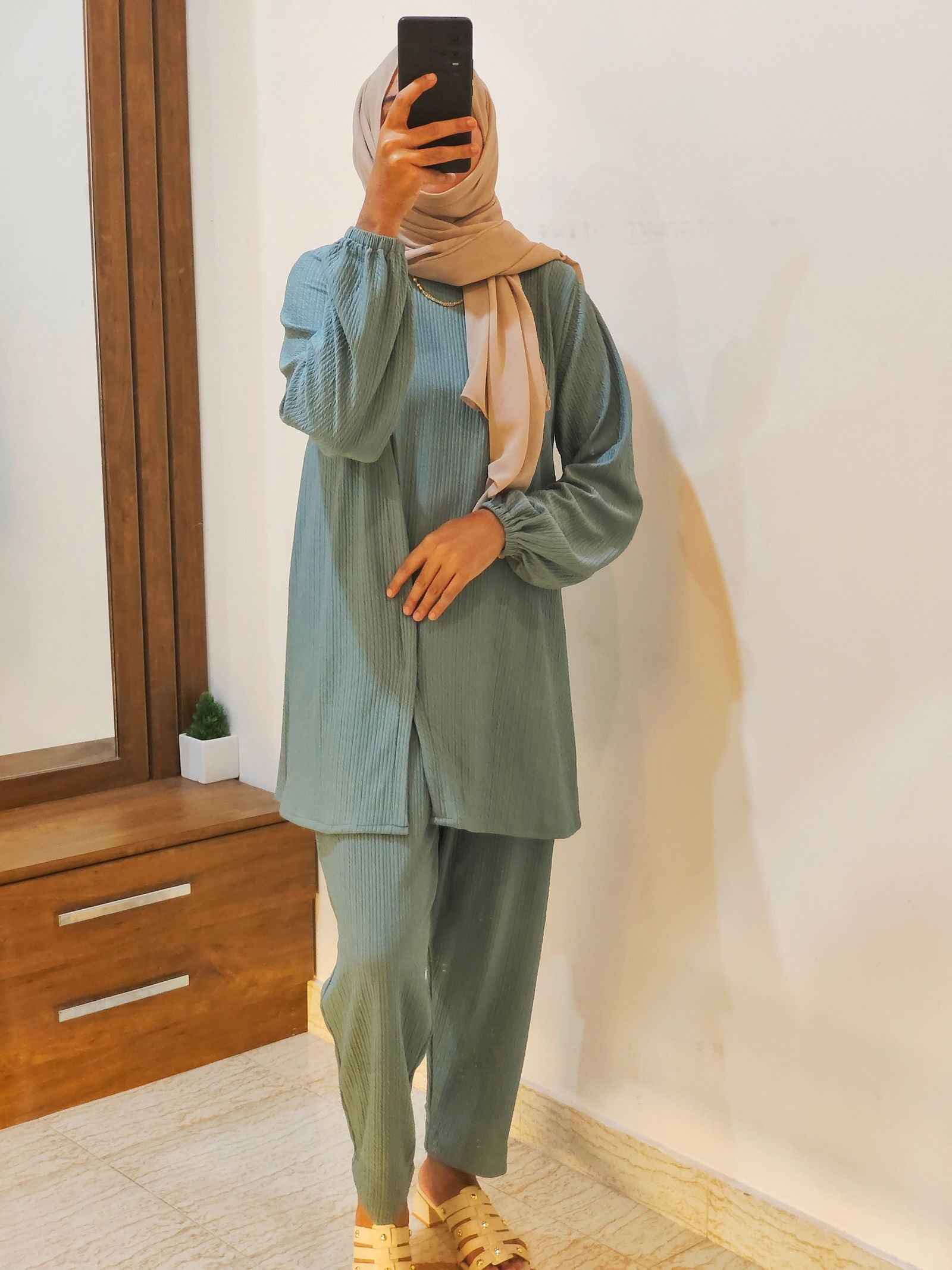 Yezwe modest wear co-ord set in soft blue with long sleeves and matching pants for a chic look