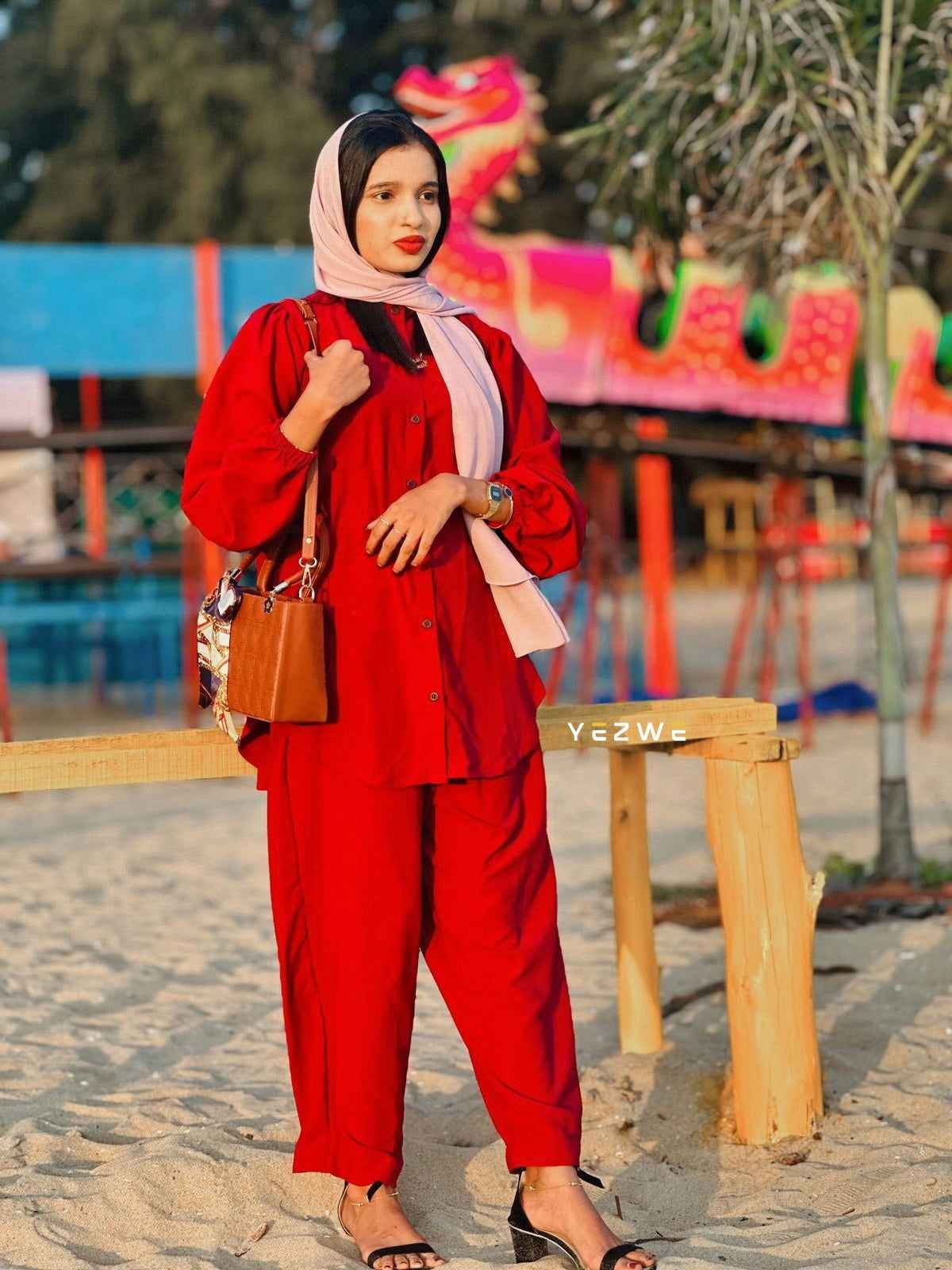 Yezwe modest wear co-ord set in vibrant red featuring a stylish top and matching pants