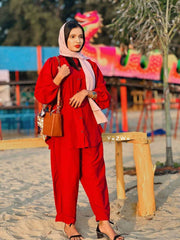 Yezwe modest wear co-ord set in vibrant red featuring a stylish top and matching pants